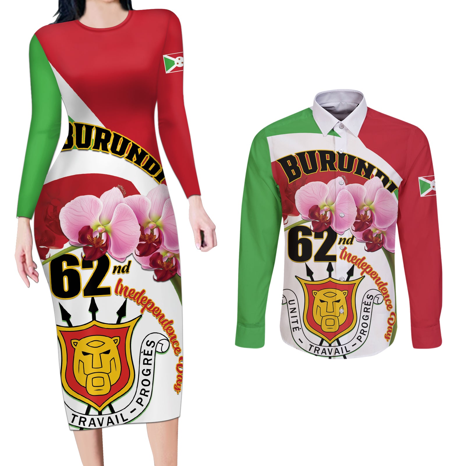 Personalized Burundi Independence Day Couples Matching Long Sleeve Bodycon Dress and Long Sleeve Button Shirt Coat Of Arms Bujumbura Flower - Wonder Print Shop