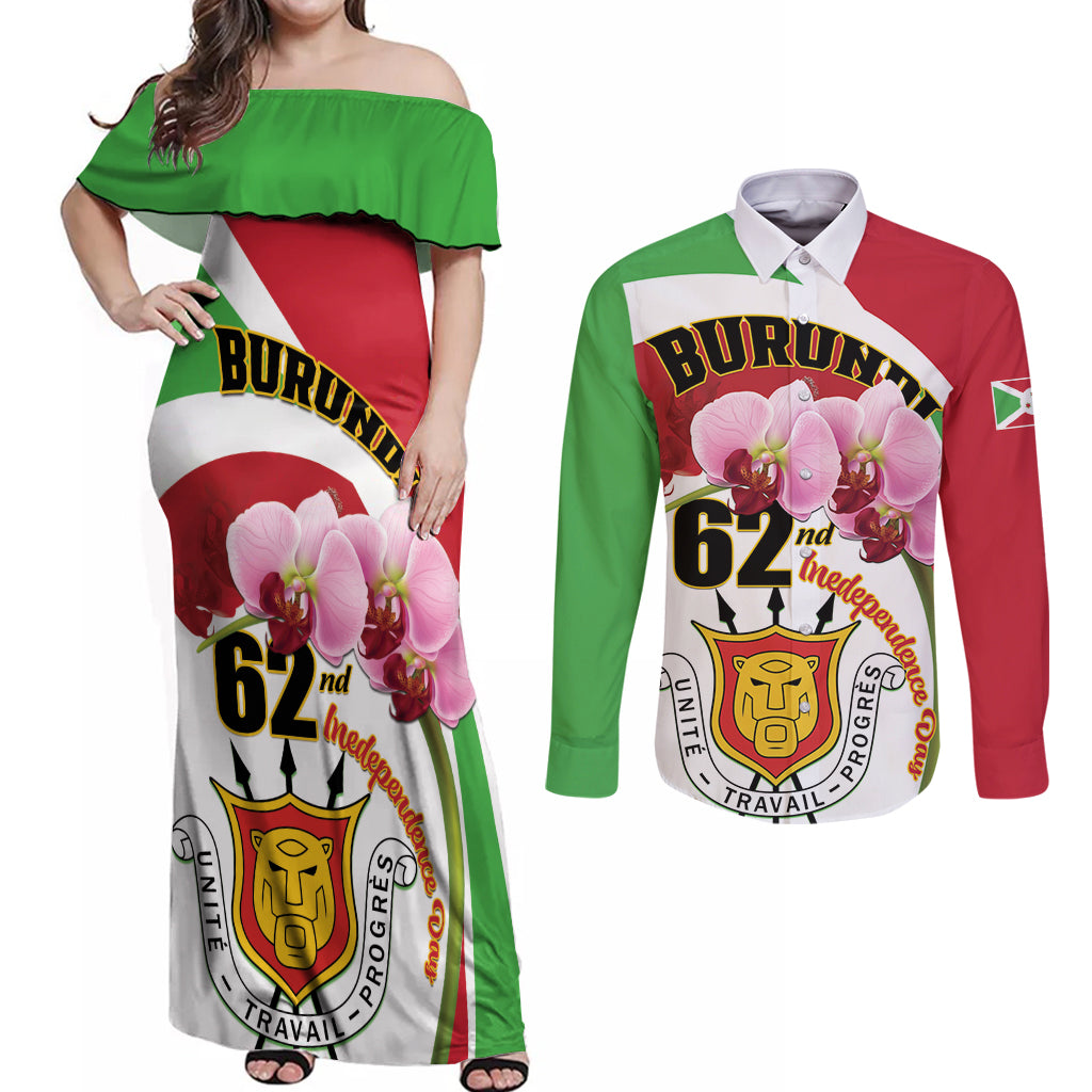 Personalized Burundi Independence Day Couples Matching Off Shoulder Maxi Dress and Long Sleeve Button Shirt Coat Of Arms Bujumbura Flower - Wonder Print Shop