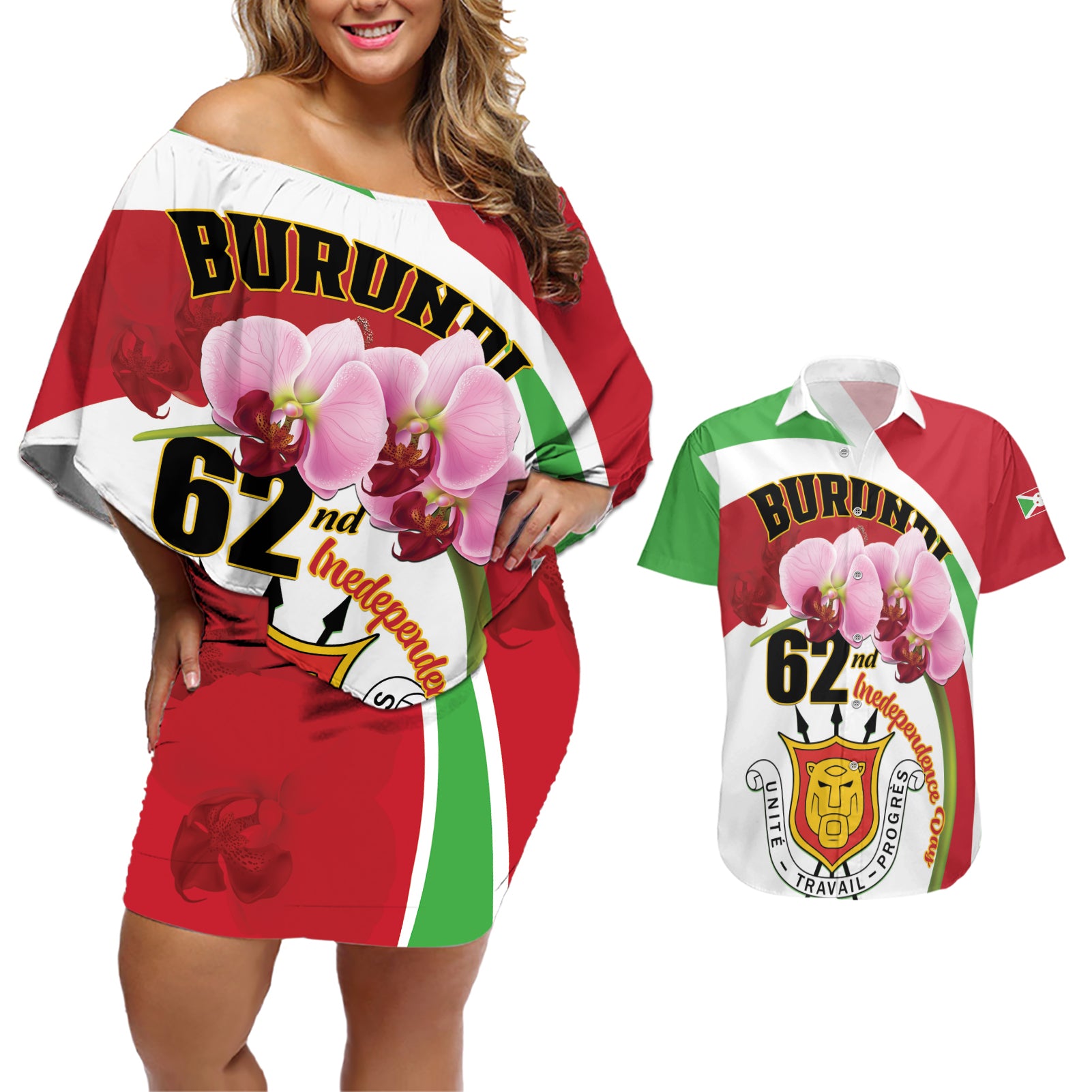 Personalized Burundi Independence Day Couples Matching Off Shoulder Short Dress and Hawaiian Shirt Coat Of Arms Bujumbura Flower - Wonder Print Shop