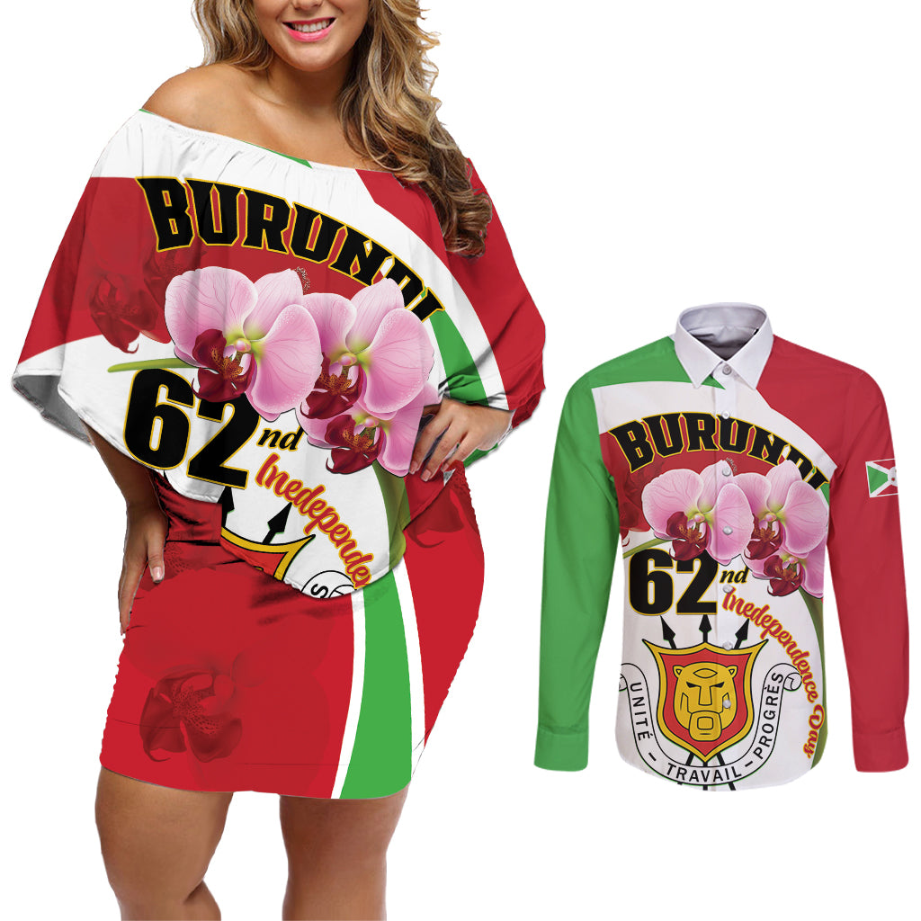 Personalized Burundi Independence Day Couples Matching Off Shoulder Short Dress and Long Sleeve Button Shirt Coat Of Arms Bujumbura Flower - Wonder Print Shop