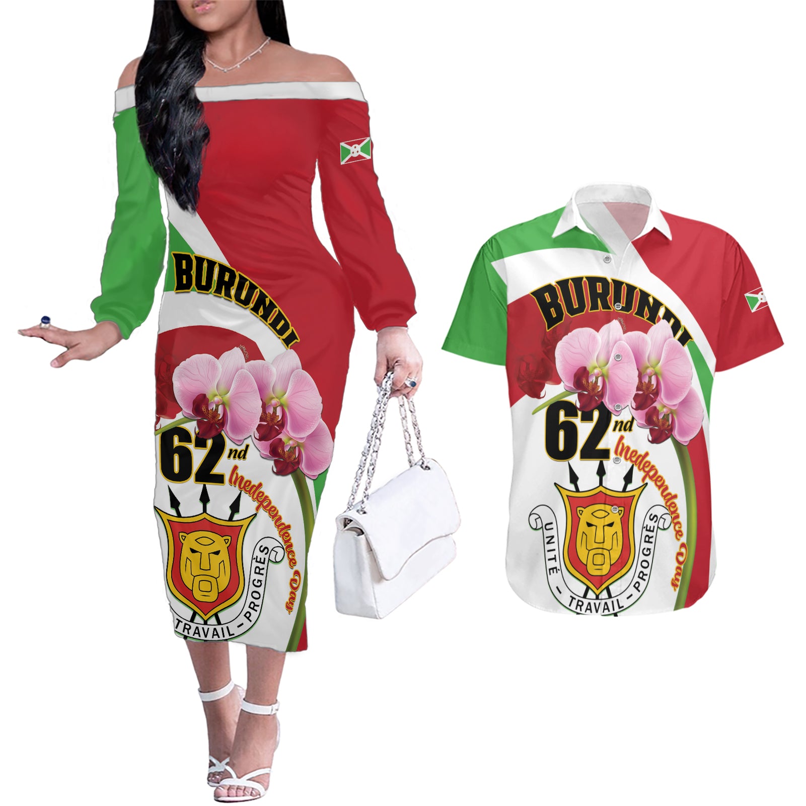 Personalized Burundi Independence Day Couples Matching Off The Shoulder Long Sleeve Dress and Hawaiian Shirt Coat Of Arms Bujumbura Flower - Wonder Print Shop