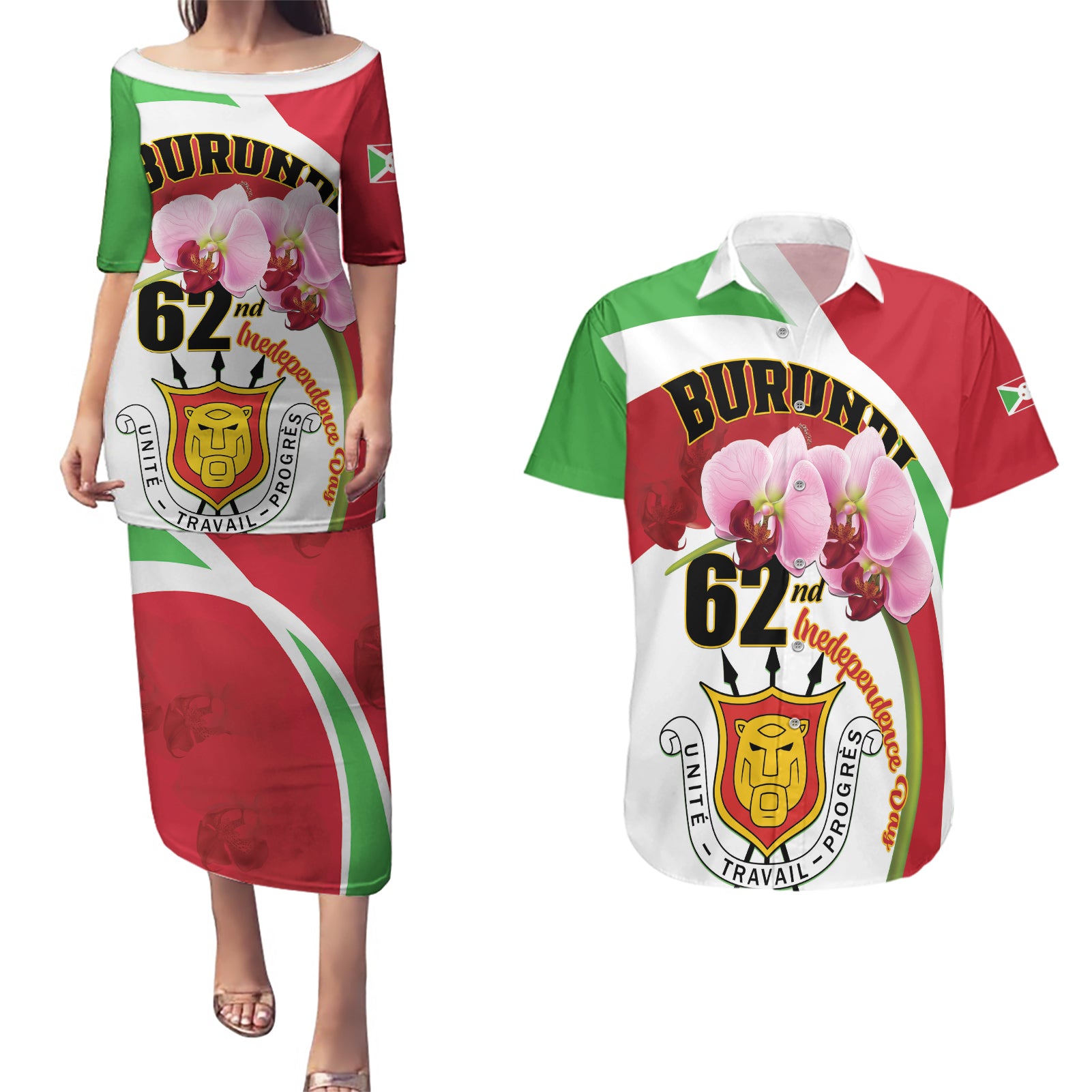 Personalized Burundi Independence Day Couples Matching Puletasi and Hawaiian Shirt Coat Of Arms Bujumbura Flower - Wonder Print Shop