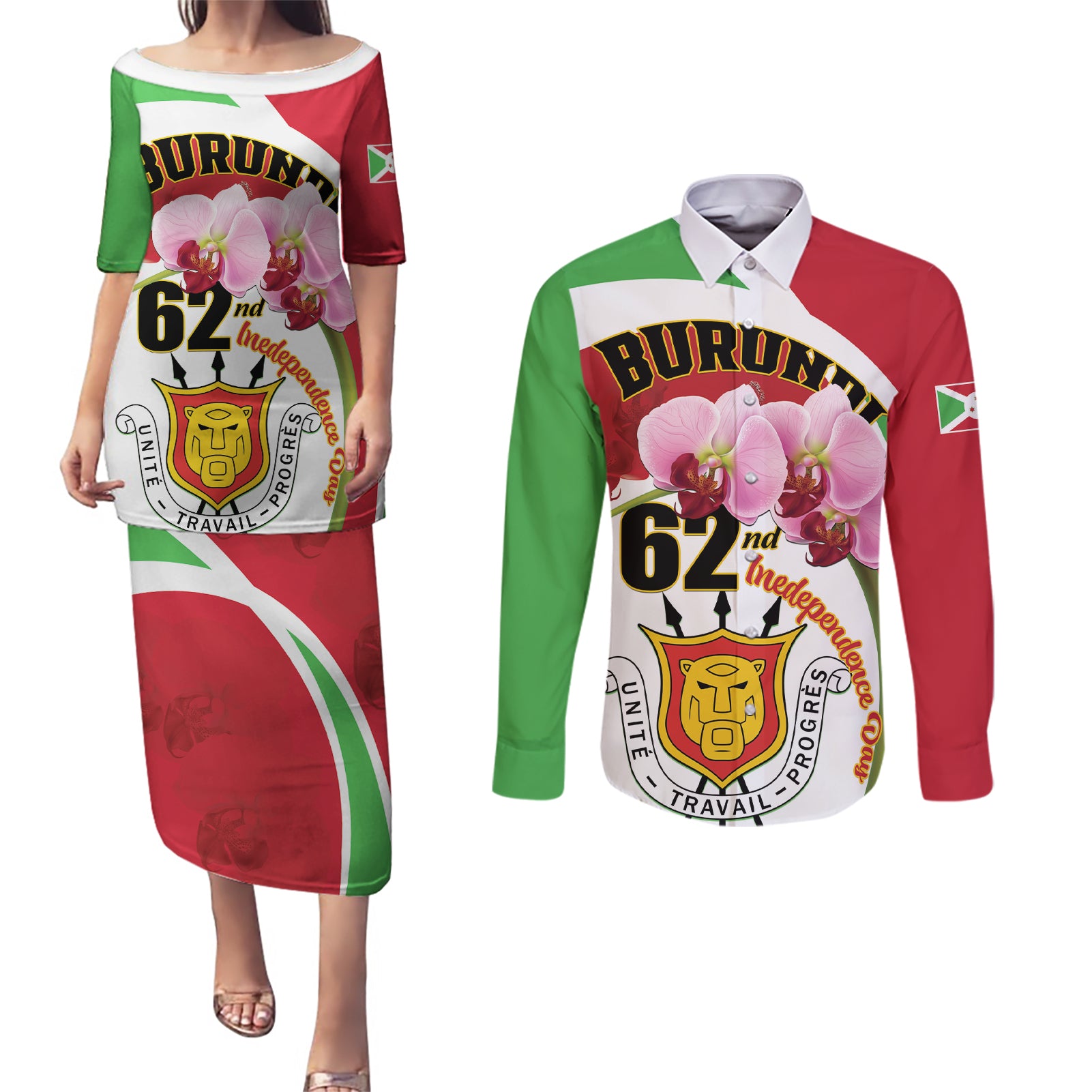 Personalized Burundi Independence Day Couples Matching Puletasi and Long Sleeve Button Shirt Coat Of Arms Bujumbura Flower - Wonder Print Shop