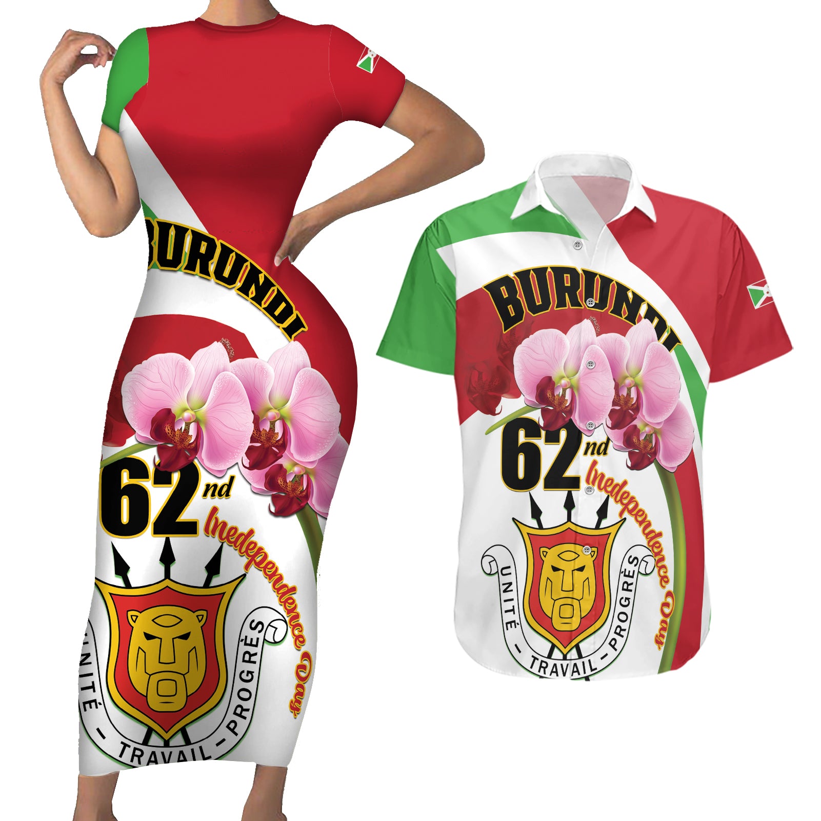 Personalized Burundi Independence Day Couples Matching Short Sleeve Bodycon Dress and Hawaiian Shirt Coat Of Arms Bujumbura Flower - Wonder Print Shop