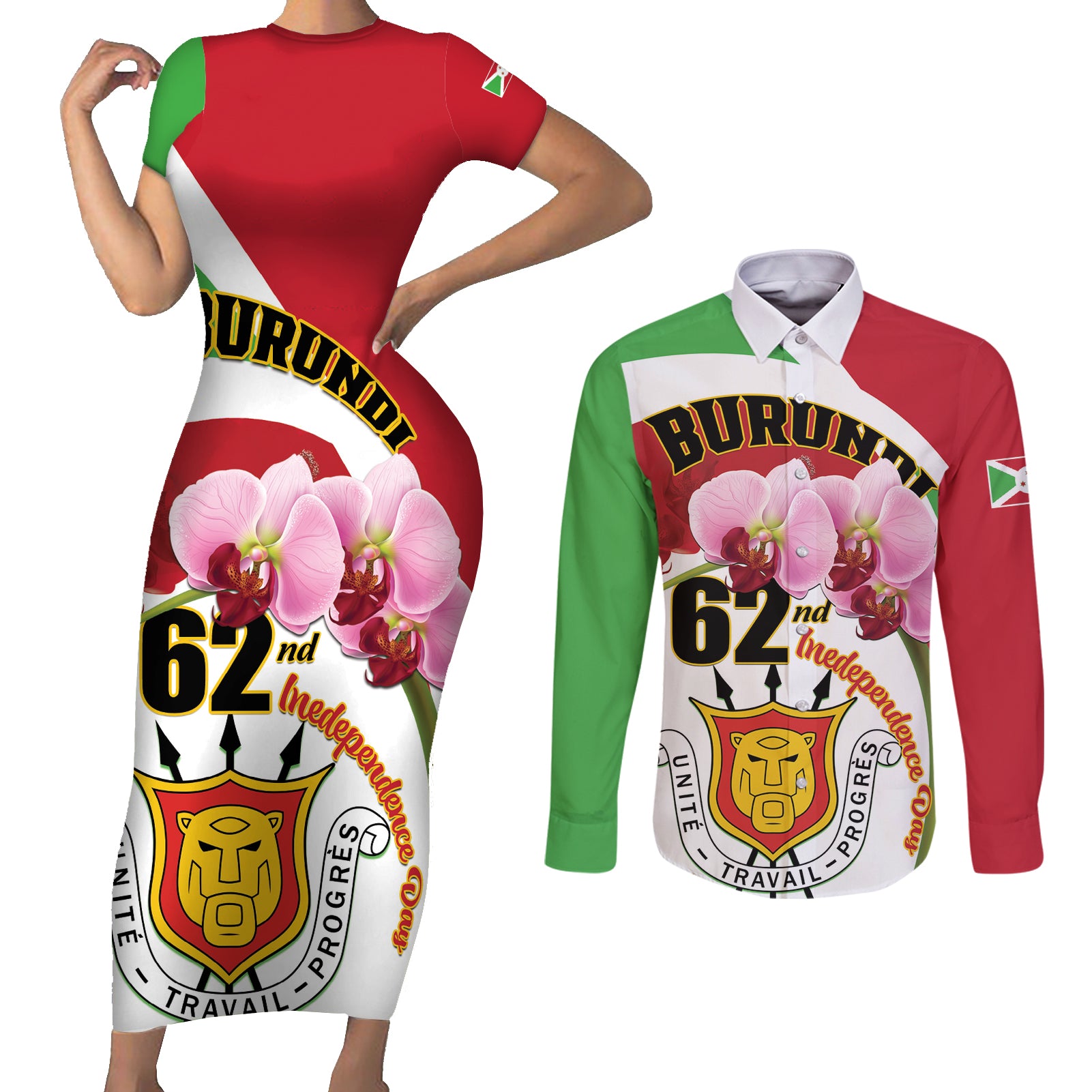 Personalized Burundi Independence Day Couples Matching Short Sleeve Bodycon Dress and Long Sleeve Button Shirt Coat Of Arms Bujumbura Flower - Wonder Print Shop