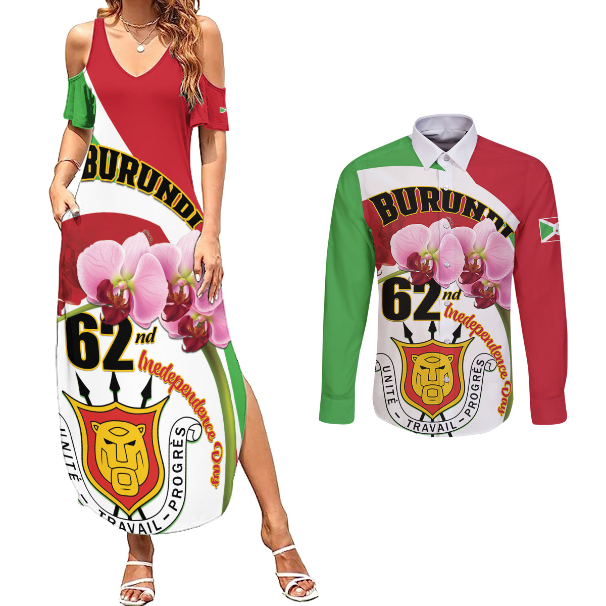 Personalized Burundi Independence Day Couples Matching Summer Maxi Dress and Long Sleeve Button Shirt Coat Of Arms Bujumbura Flower - Wonder Print Shop