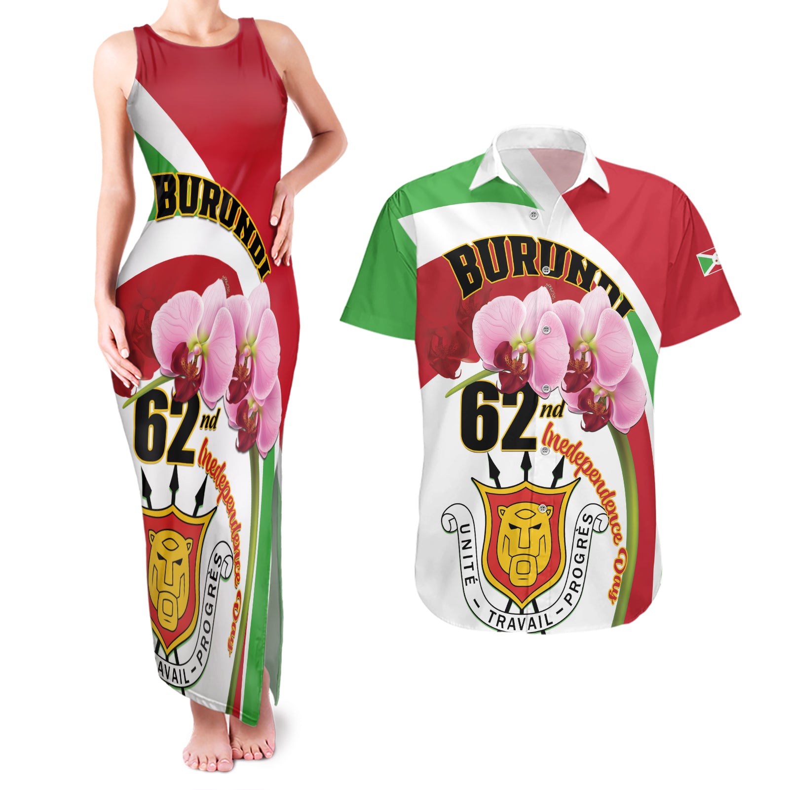 Personalized Burundi Independence Day Couples Matching Tank Maxi Dress and Hawaiian Shirt Coat Of Arms Bujumbura Flower - Wonder Print Shop