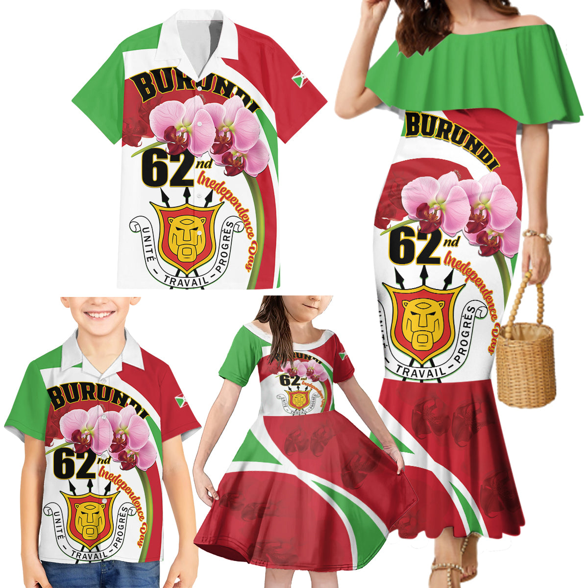 Personalized Burundi Independence Day Family Matching Mermaid Dress and Hawaiian Shirt Coat Of Arms Bujumbura Flower - Wonder Print Shop