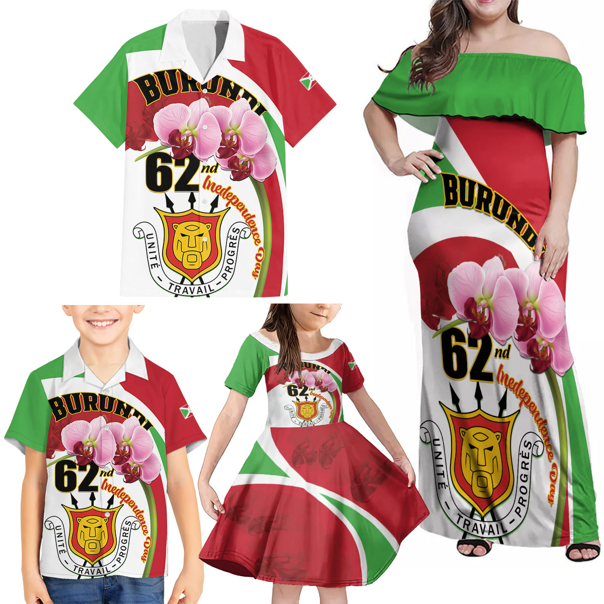 Personalized Burundi Independence Day Family Matching Off Shoulder Maxi Dress and Hawaiian Shirt Coat Of Arms Bujumbura Flower - Wonder Print Shop