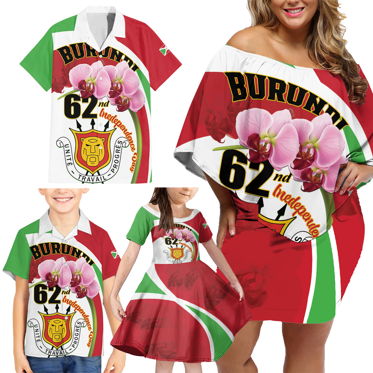 Personalized Burundi Independence Day Family Matching Off Shoulder Short Dress and Hawaiian Shirt Coat Of Arms Bujumbura Flower - Wonder Print Shop