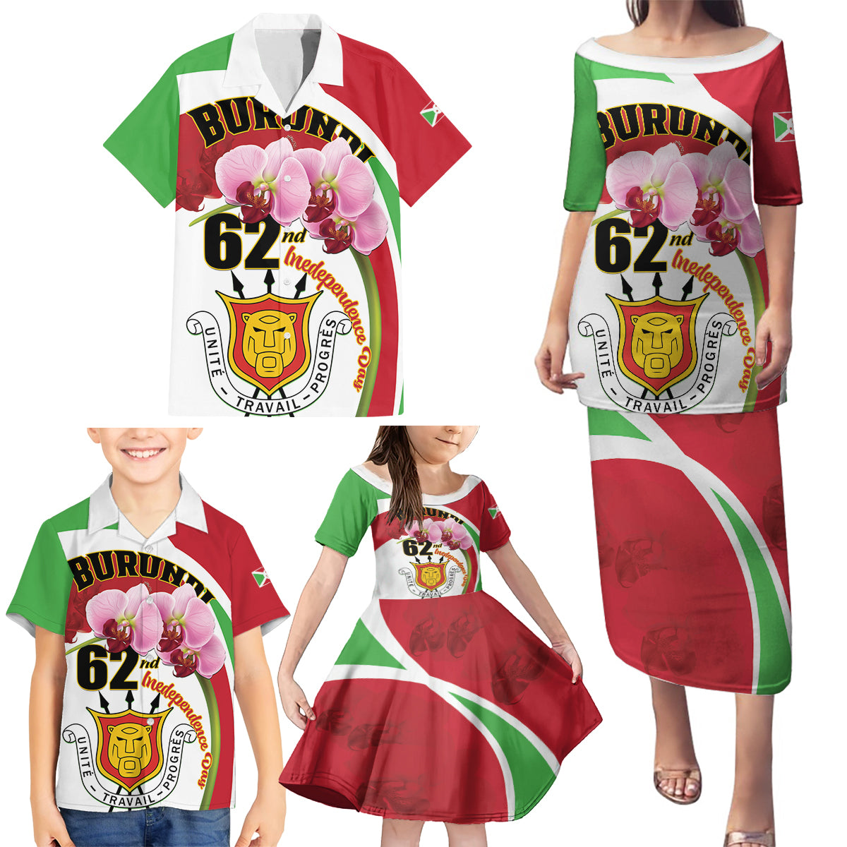 Personalized Burundi Independence Day Family Matching Puletasi and Hawaiian Shirt Coat Of Arms Bujumbura Flower - Wonder Print Shop