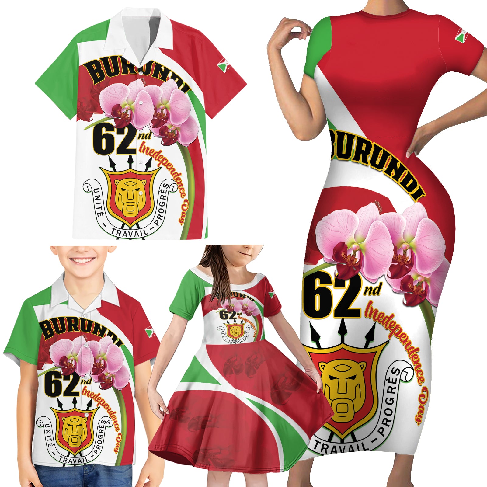 Personalized Burundi Independence Day Family Matching Short Sleeve Bodycon Dress and Hawaiian Shirt Coat Of Arms Bujumbura Flower - Wonder Print Shop