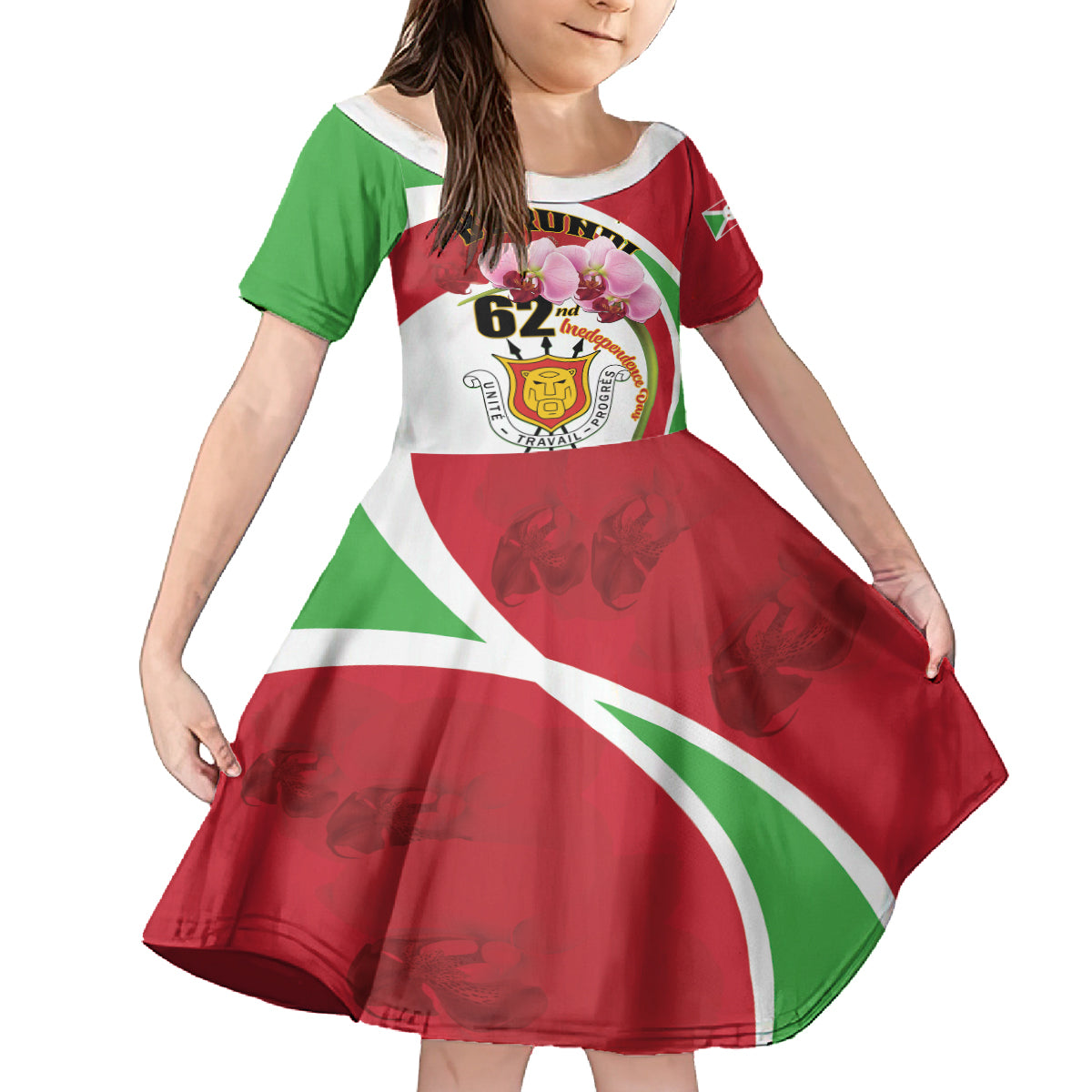 Personalized Burundi Independence Day Kid Short Sleeve Dress Coat Of Arms Bujumbura Flower - Wonder Print Shop