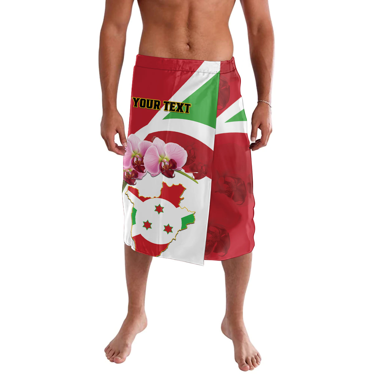 Red wrap lavalava skirt with Burundi flag print, your text, and orchids
