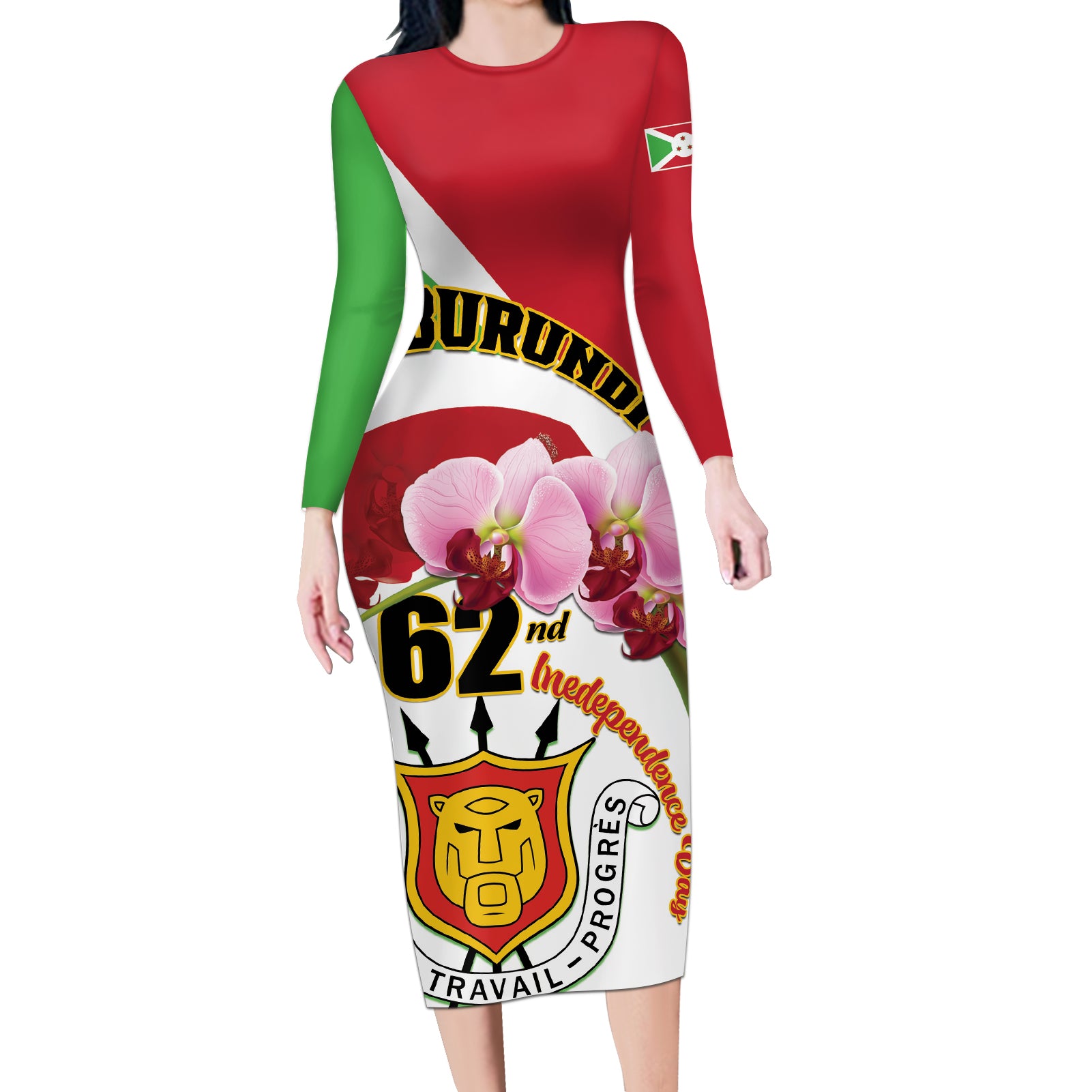 Personalized Burundi Independence Day Long Sleeve Bodycon Dress Coat Of Arms Bujumbura Flower - Wonder Print Shop