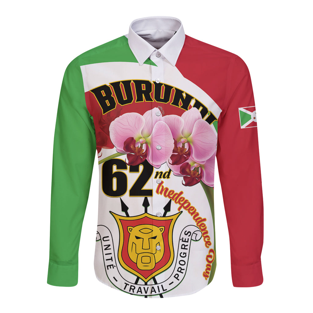 Long sleeve button shirt with green-red-white print, orchids and Independence text