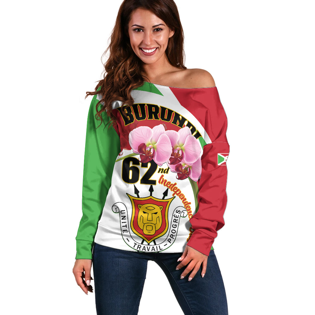 Personalized Burundi Independence Day Off Shoulder Sweater Coat Of Arms Bujumbura Flower - Wonder Print Shop