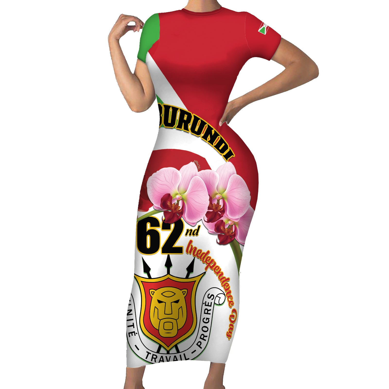 Personalized Burundi Independence Day Short Sleeve Bodycon Dress Coat Of Arms Bujumbura Flower - Wonder Print Shop