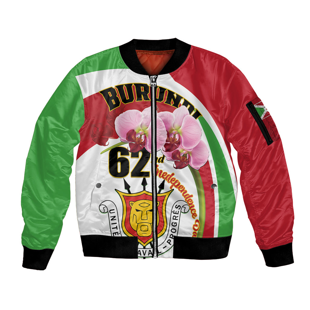 Personalized Burundi Independence Day Sleeve Zip Bomber Jacket Coat Of Arms Bujumbura Flower - Wonder Print Shop