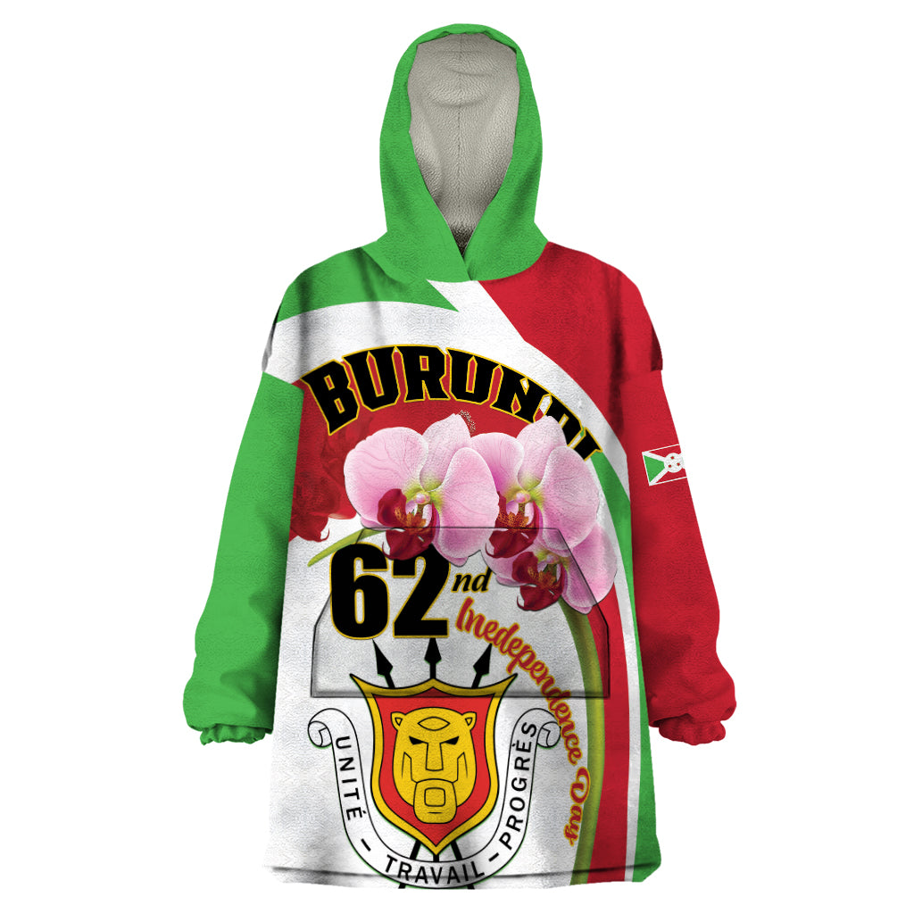 Personalized Burundi Independence Day Wearable Blanket Hoodie Coat Of Arms Bujumbura Flower - Wonder Print Shop