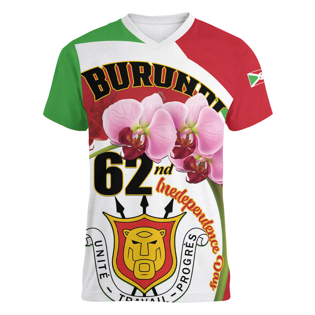 Personalized Burundi Independence Day Women V-Neck T-Shirt Coat Of Arms Bujumbura Flower - Wonder Print Shop