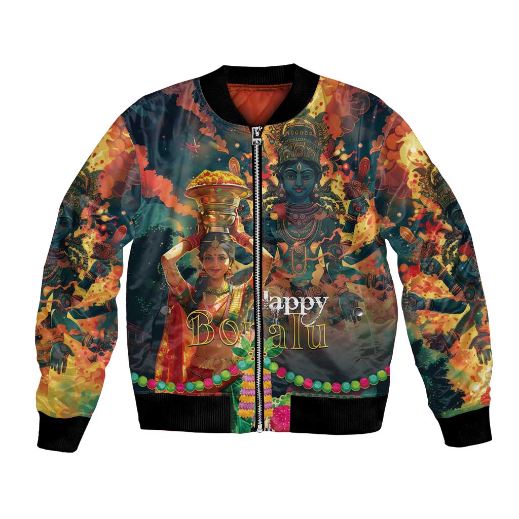 Unisex bomber jacket with colorful festival graphic, deity figures, and front zip