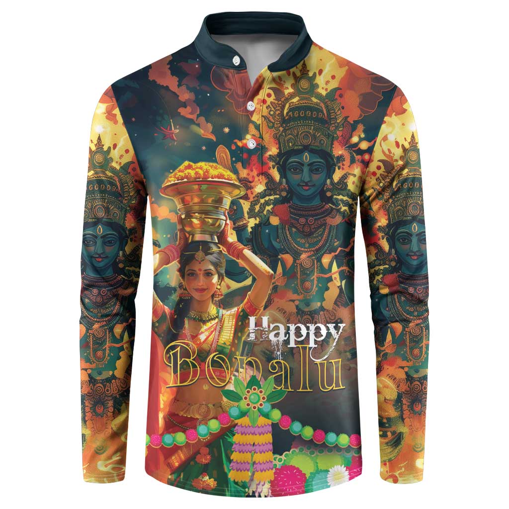 Men's button sweatshirt with colorful front graphic print and long sleeves, henley collar