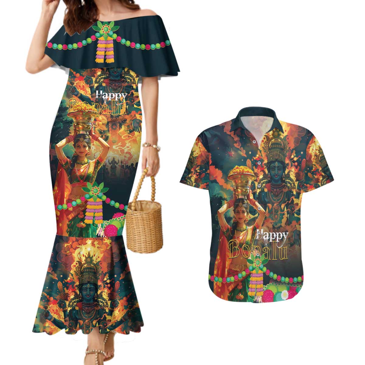 Bonalu Festival 2024 Couples Matching Mermaid Dress and Hawaiian Shirt Bonam Parikrama - Wonder Print Shop