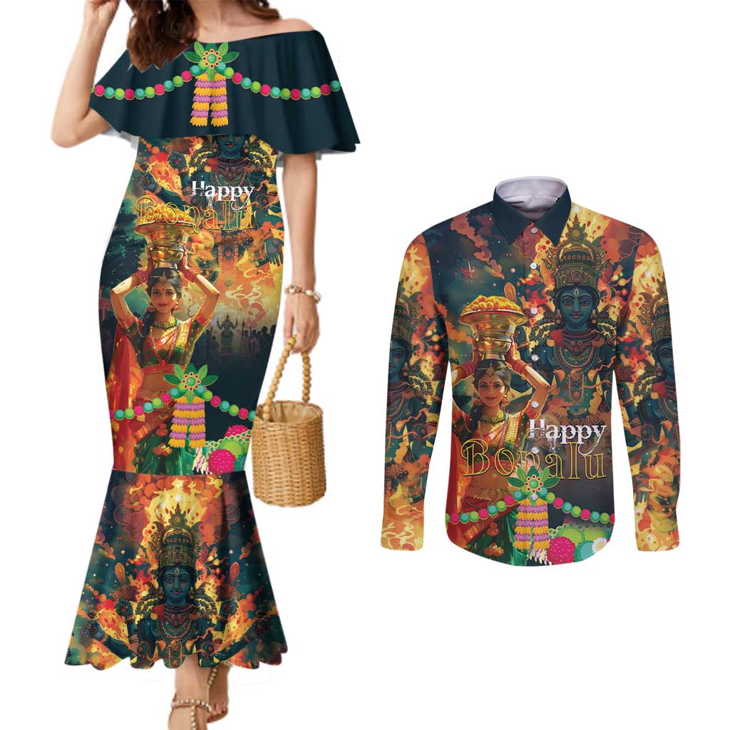 Bonalu Festival 2024 Couples Matching Mermaid Dress and Long Sleeve Button Shirt Bonam Parikrama