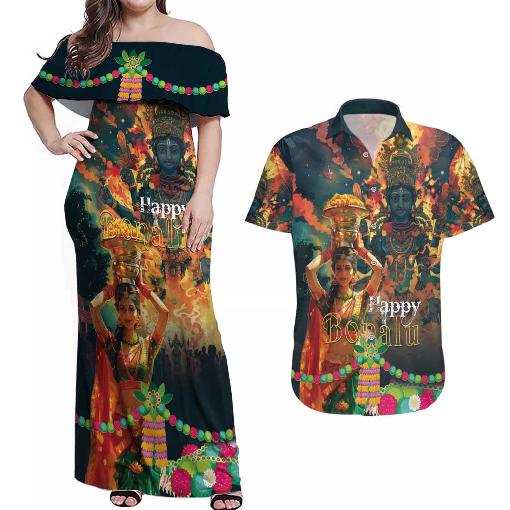 Bonalu Festival 2024 Couples Matching Off Shoulder Maxi Dress and Hawaiian Shirt Bonam Parikrama - Wonder Print Shop