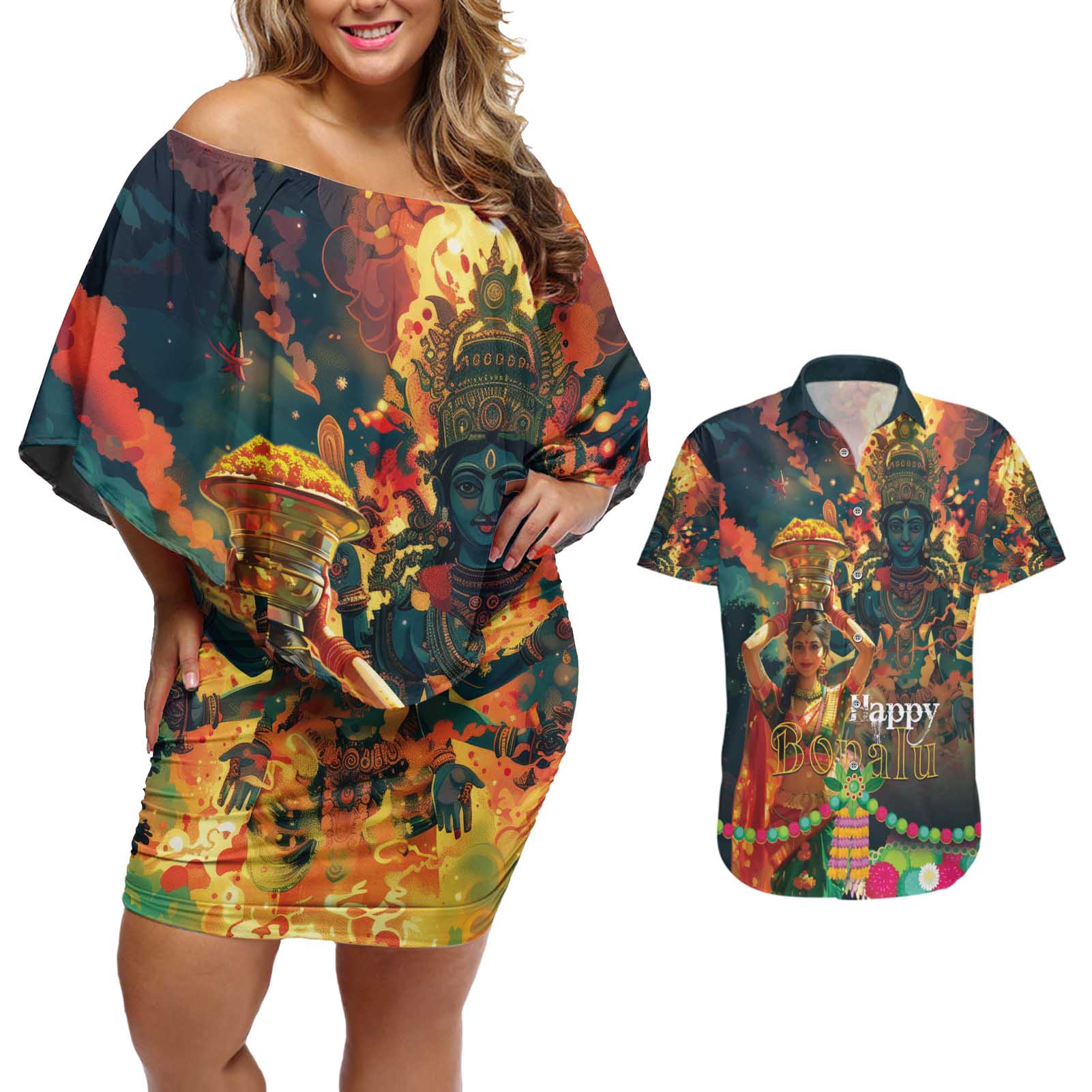 Bonalu Festival 2024 Couples Matching Off Shoulder Short Dress and Hawaiian Shirt Bonam Parikrama - Wonder Print Shop