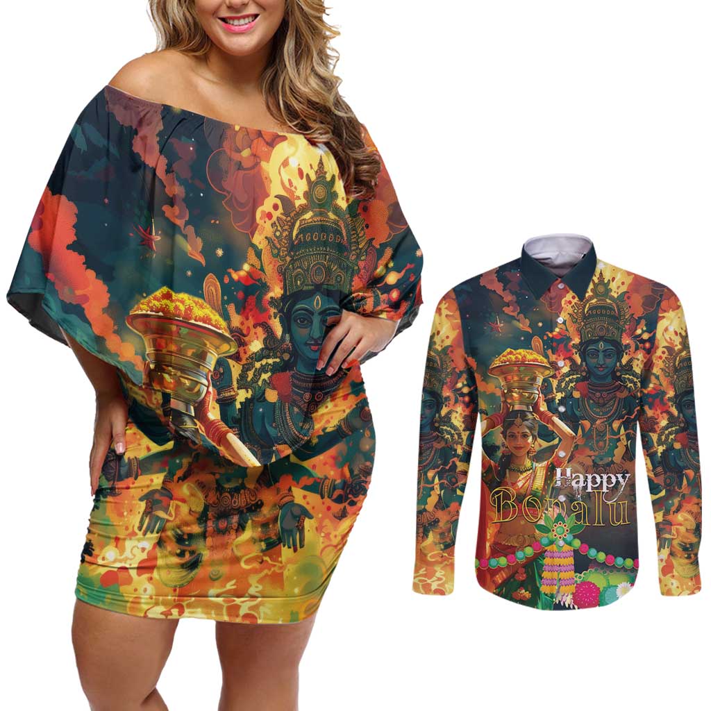 Bonalu Festival 2024 Couples Matching Off Shoulder Short Dress and Long Sleeve Button Shirt Bonam Parikrama - Wonder Print Shop