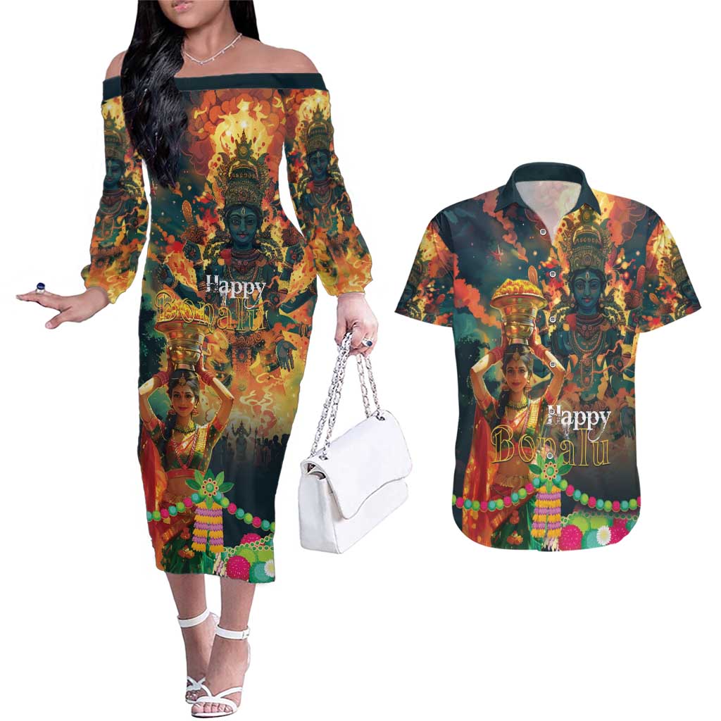 Bonalu Festival 2024 Couples Matching Off The Shoulder Long Sleeve Dress and Hawaiian Shirt Bonam Parikrama - Wonder Print Shop