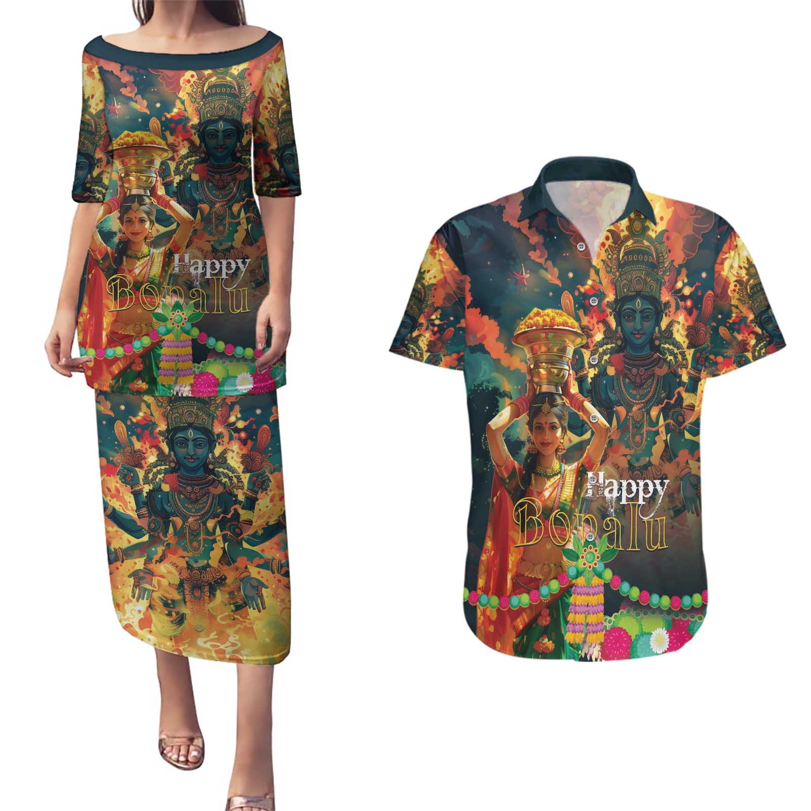 Bonalu Festival 2024 Couples Matching Puletasi and Hawaiian Shirt Bonam Parikrama - Wonder Print Shop