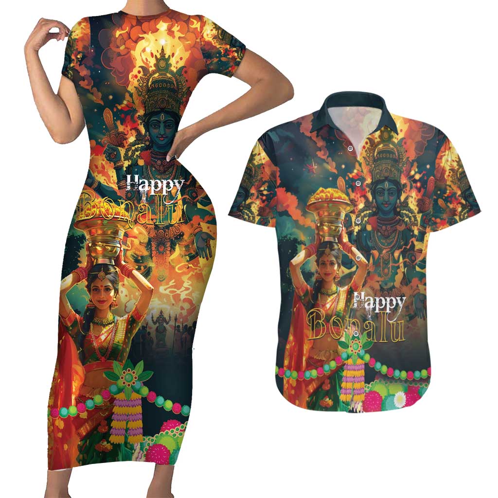 Bonalu Festival 2024 Couples Matching Short Sleeve Bodycon Dress and Hawaiian Shirt Bonam Parikrama - Wonder Print Shop