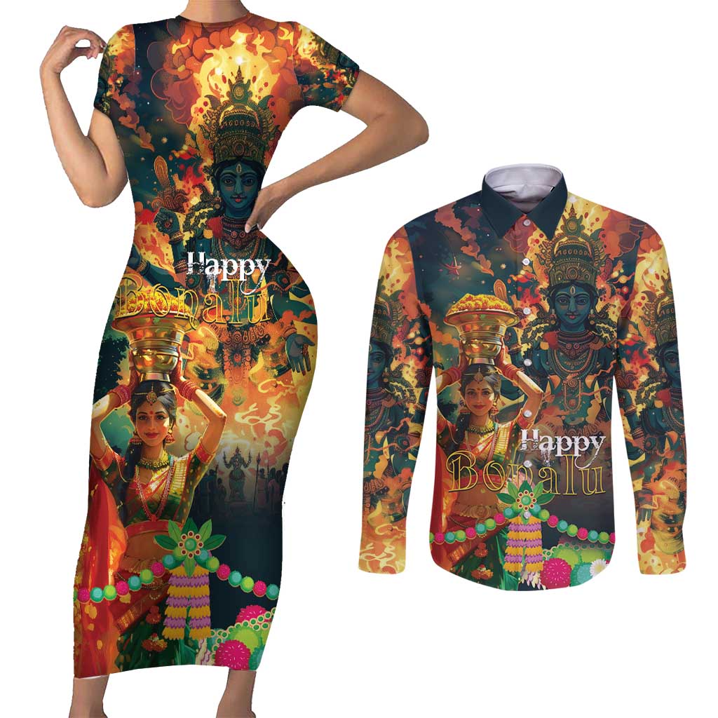 Bonalu Festival 2024 Couples Matching Short Sleeve Bodycon Dress and Long Sleeve Button Shirt Bonam Parikrama - Wonder Print Shop