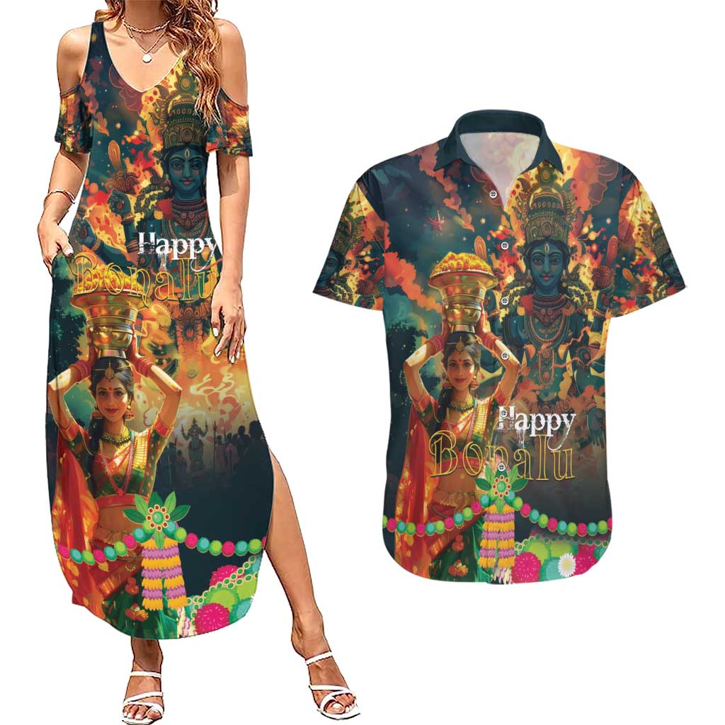 Bonalu Festival 2024 Couples Matching Summer Maxi Dress and Hawaiian Shirt Bonam Parikrama - Wonder Print Shop