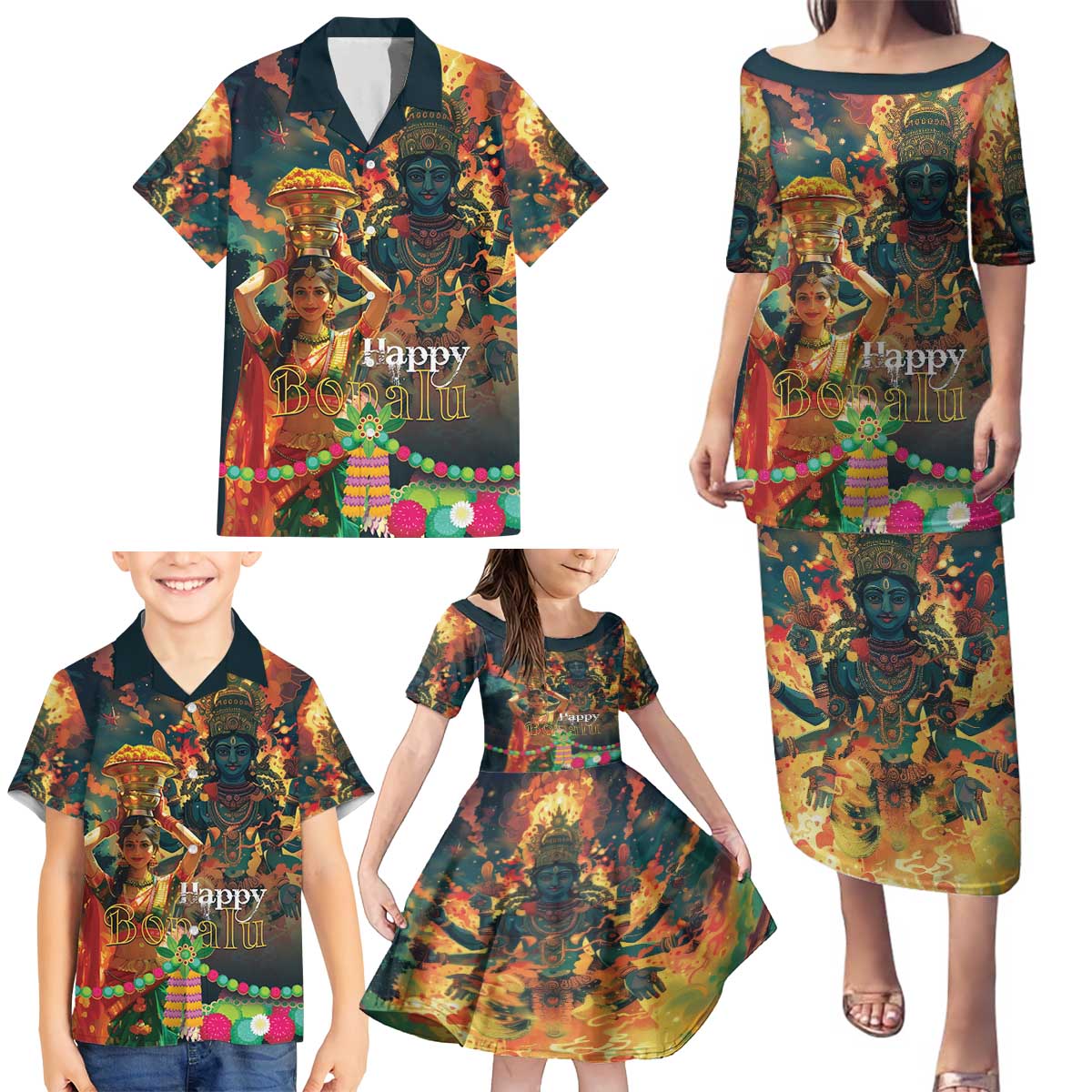 Bonalu Festival 2024 Family Matching Puletasi and Hawaiian Shirt Bonam Parikrama - Wonder Print Shop