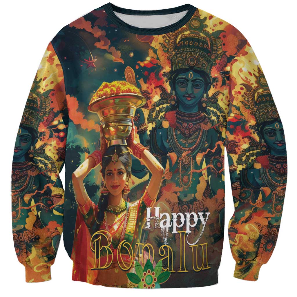Unisex colorful crewneck sweatshirt with 'Happy Bonalu' graphic and deity figures