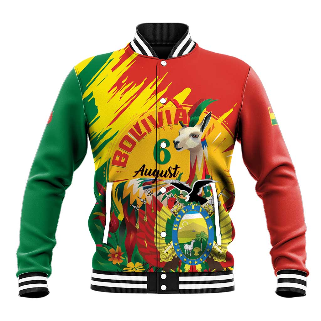 Multicolor baseball jacket with striped rib collar, button front, and festive animal graphic