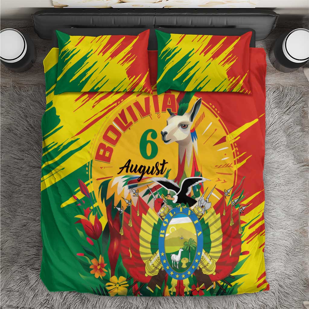 Multicolor bedding set with “Bolivia 6 August” text and animal artwork, two pillowcases