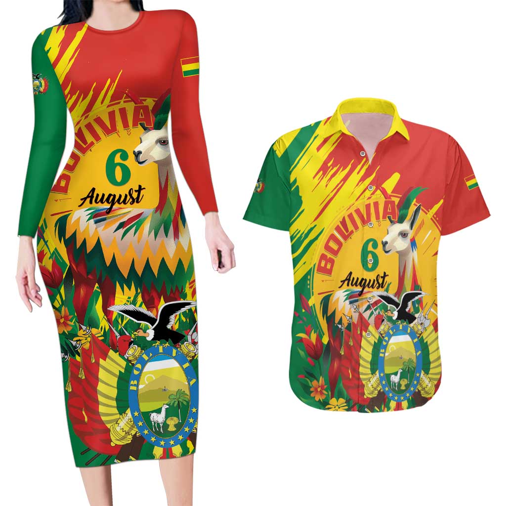 Bolivia Independence Day Couples Matching Long Sleeve Bodycon Dress and Hawaiian Shirt Puliwya Achka Aylluska Mamallaqta - Wonder Print Shop