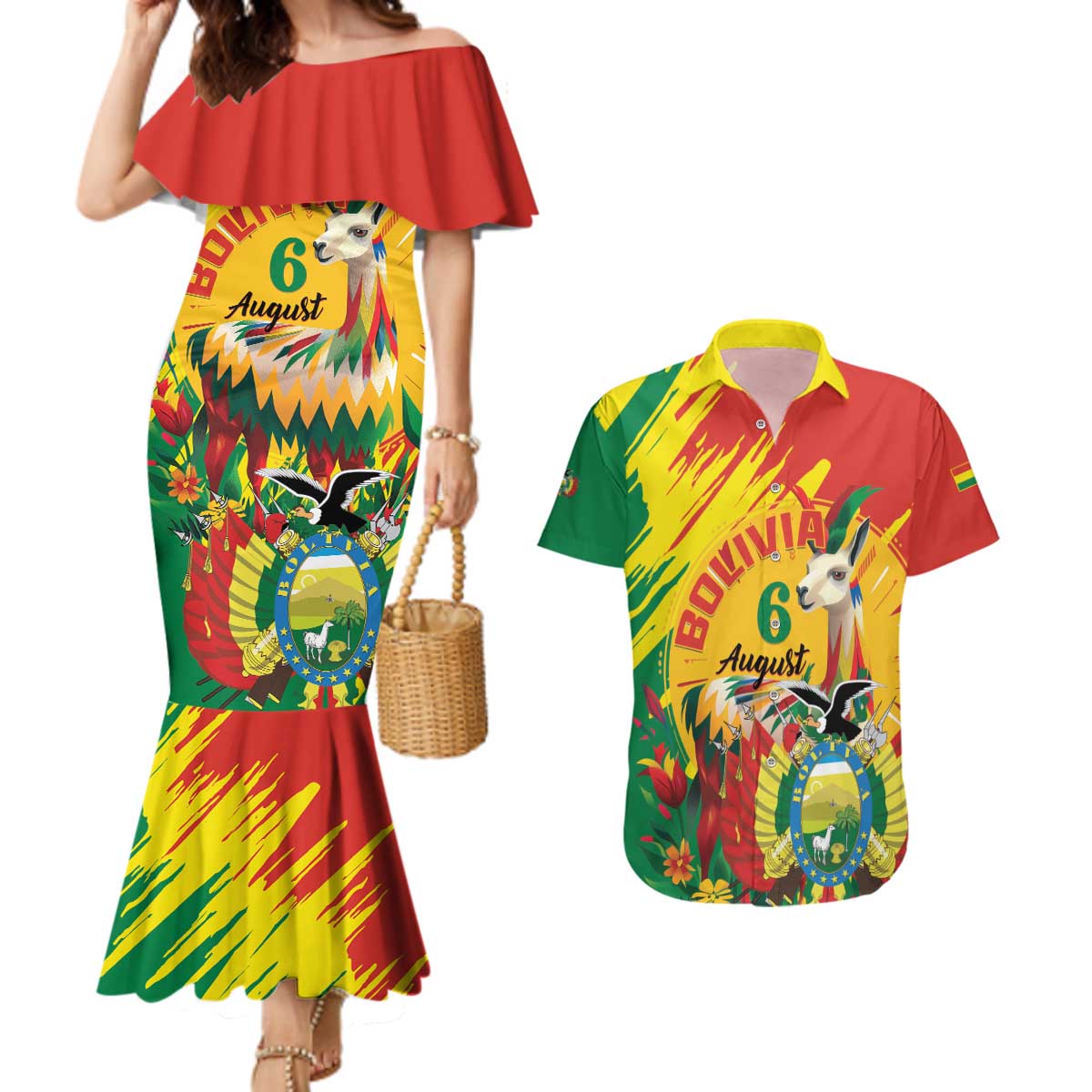 Bolivia Independence Day Couples Matching Mermaid Dress and Hawaiian Shirt Puliwya Achka Aylluska Mamallaqta - Wonder Print Shop