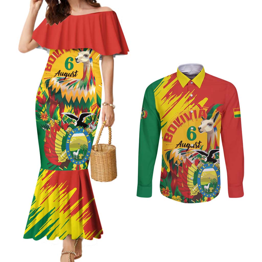 Bolivia Independence Day Couples Matching Mermaid Dress and Long Sleeve Button Shirt Puliwya Achka Aylluska Mamallaqta