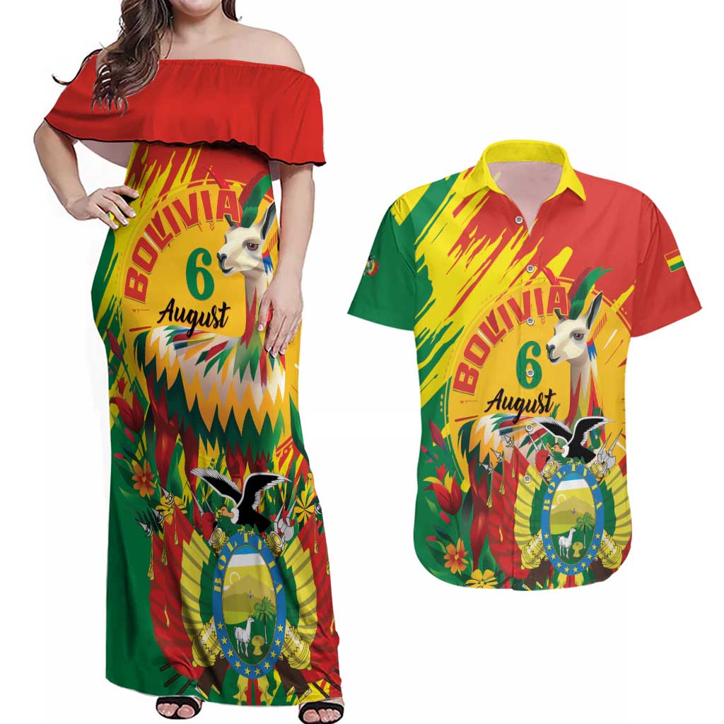 Bolivia Independence Day Couples Matching Off Shoulder Maxi Dress and Hawaiian Shirt Puliwya Achka Aylluska Mamallaqta - Wonder Print Shop