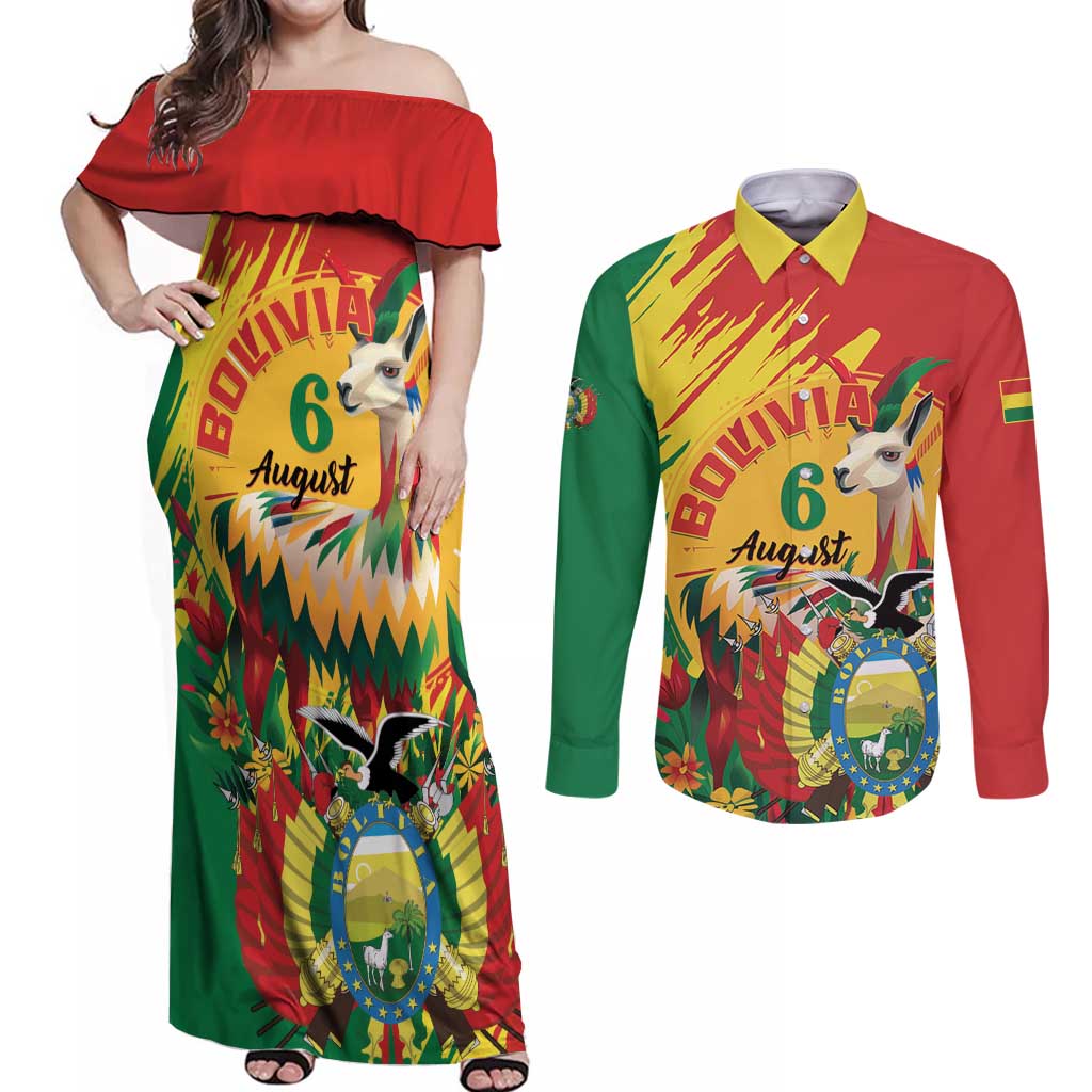 Bolivia Independence Day Couples Matching Off Shoulder Maxi Dress and Long Sleeve Button Shirt Puliwya Achka Aylluska Mamallaqta - Wonder Print Shop