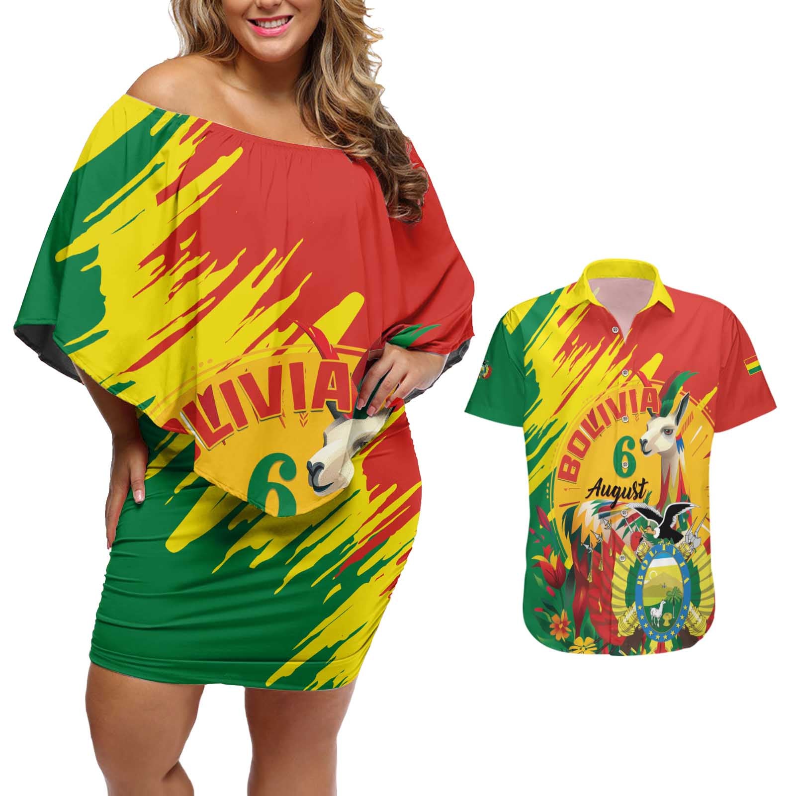 Bolivia Independence Day Couples Matching Off Shoulder Short Dress and Hawaiian Shirt Puliwya Achka Aylluska Mamallaqta - Wonder Print Shop