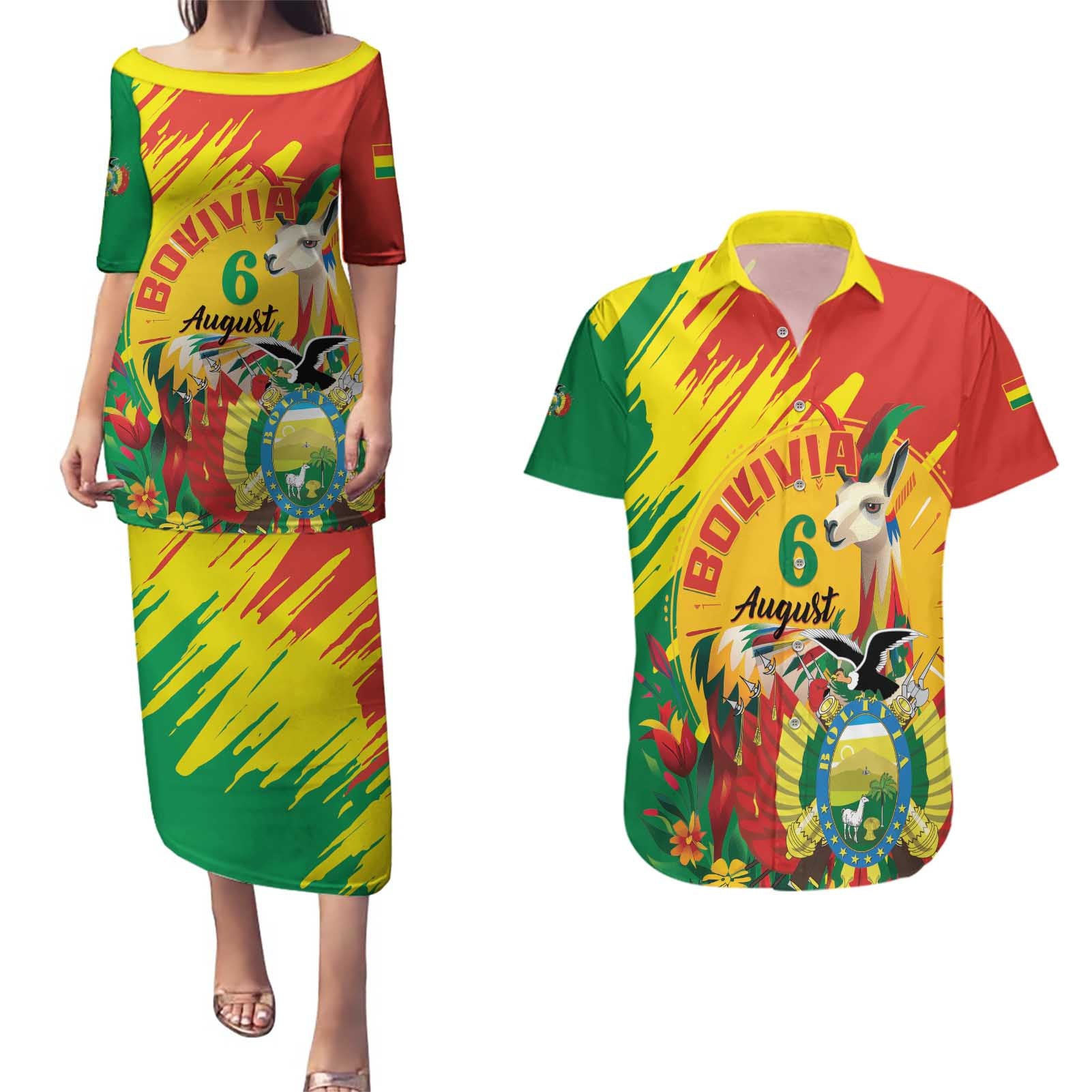 Bolivia Independence Day Couples Matching Puletasi and Hawaiian Shirt Puliwya Achka Aylluska Mamallaqta - Wonder Print Shop