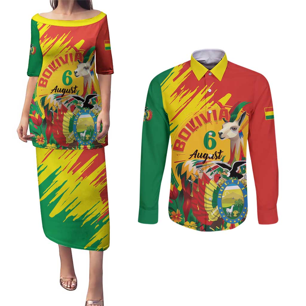 Bolivia Independence Day Couples Matching Puletasi and Long Sleeve Button Shirt Puliwya Achka Aylluska Mamallaqta - Wonder Print Shop