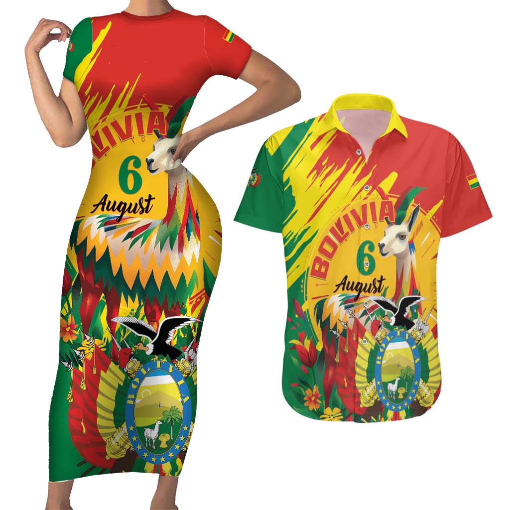 Bolivia Independence Day Couples Matching Short Sleeve Bodycon Dress and Hawaiian Shirt Puliwya Achka Aylluska Mamallaqta - Wonder Print Shop